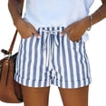 thumbnail image 2 of Women's High Waisted Drawstring Shorts with Pockets, Striped Rolled Hem Casual Summer Shorts, Loose Fit Elastic Waist Short Pants for Women Daily Wear 06-Sky Blue M, 2 of 4