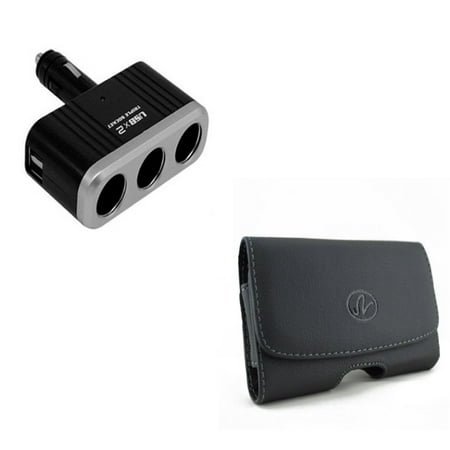 Leather 3 Way - Black Leather Phone Case w Car Lighter Socket Splitter Three Way Charger Adapter R5Y Compatible With Google Pixel 3a XL