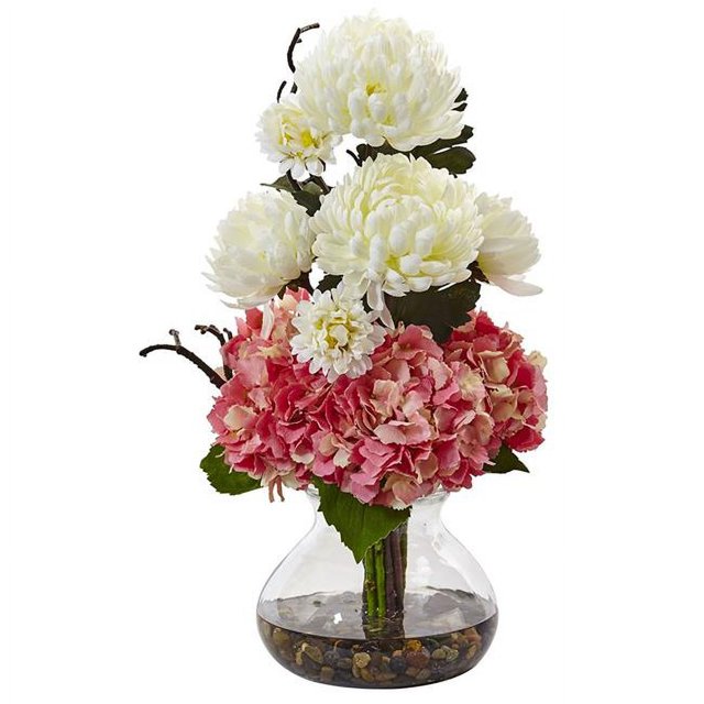 Nearly Natural 1452-PW Hydrangea & Mum in Vase, Pink