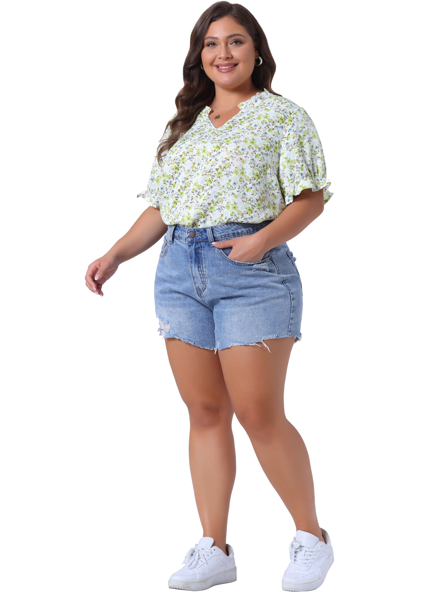 Women's Plus Summer Tops Floral V Neck Ruffle Puff Short Sleeve Casual Blouse Top 1X Green