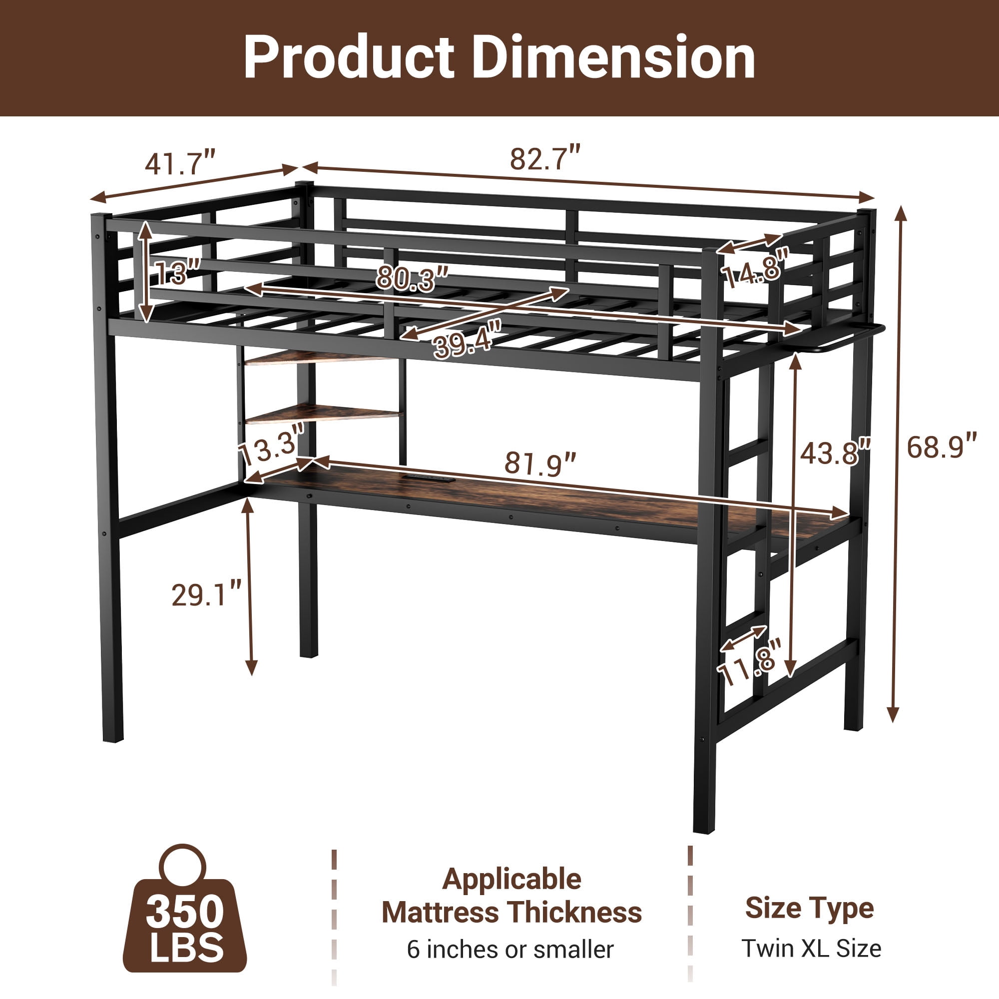 Twin XL Loft Bed with Desk and Storage Shelves, Metal Loft Bed with Charging Station and LED Lights
