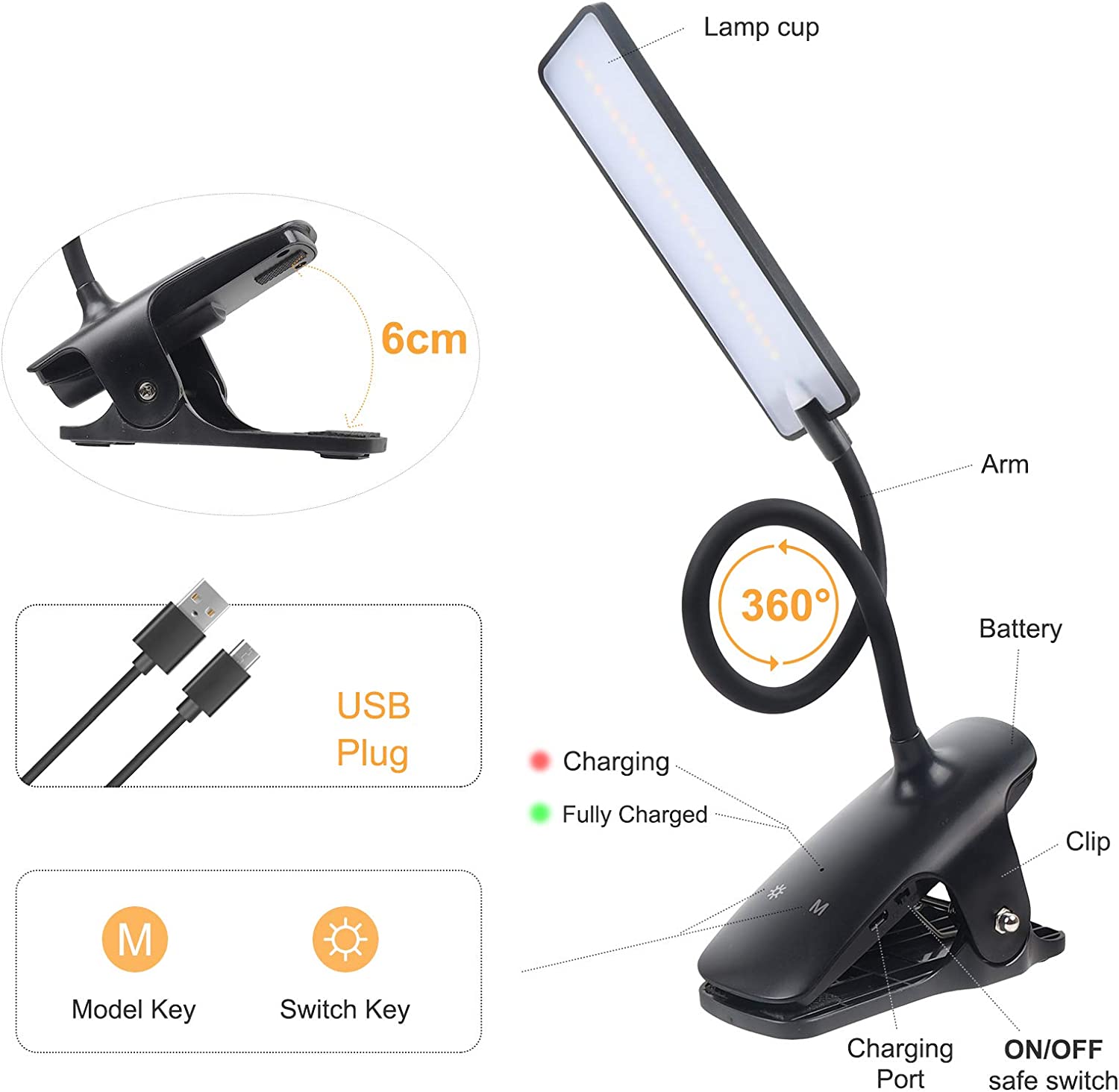 Esbaybulbs Led Book Light, Rechargeable Desk Lamp, 24 LED Clamp Reading Bedside Lamp, 3 Color Temperature and 3 Brightness, Flexible Clip Table Lamp (Black)