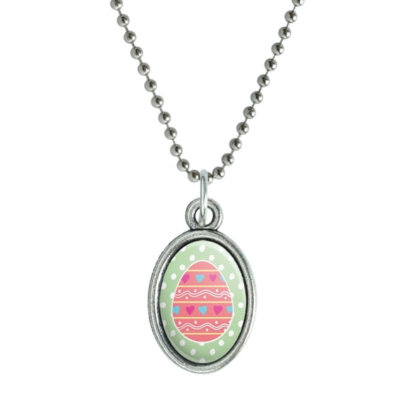Cute Easter Egg Pink with Hearts Antiqued Oval Charm Pendant with Chain