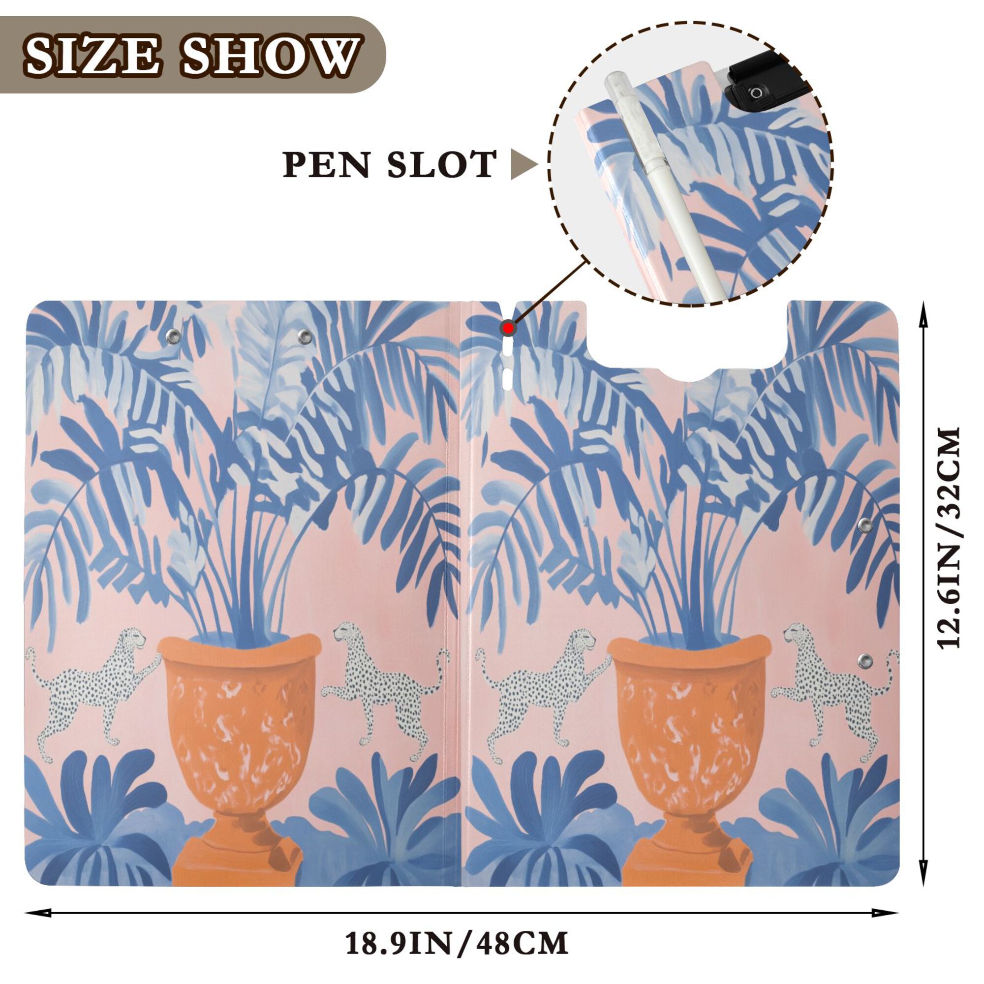 FORMRS A4 Clipboard Folder with Pen Holder Horizontal Foldable School Office Binder, Pink Leaves