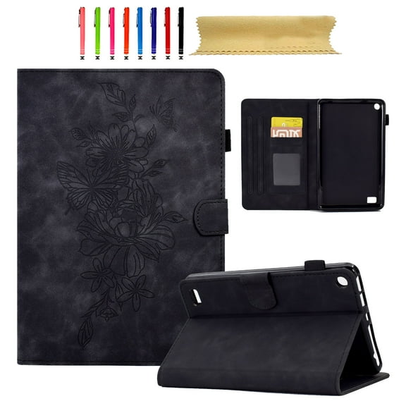 for Amazon Kindle Fire 7 2015/2017/2019, Premium Luxury PU Leather Cover/Smart Folio with Dual Stand & Auto Sleep/Wake Case Cover with Pen Slot & Card Slots for Fire 7 2015/2017/2019, Black