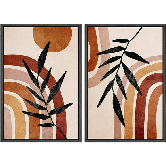IDEA4WALL Framed Canvas Print Wall Art Set Mid-Century Orange Rainbow Forest Plant Nature Illustrations Modern Art Rustic Decorative for Living Room, Bedroom, Office - 16"x24"x2 Black