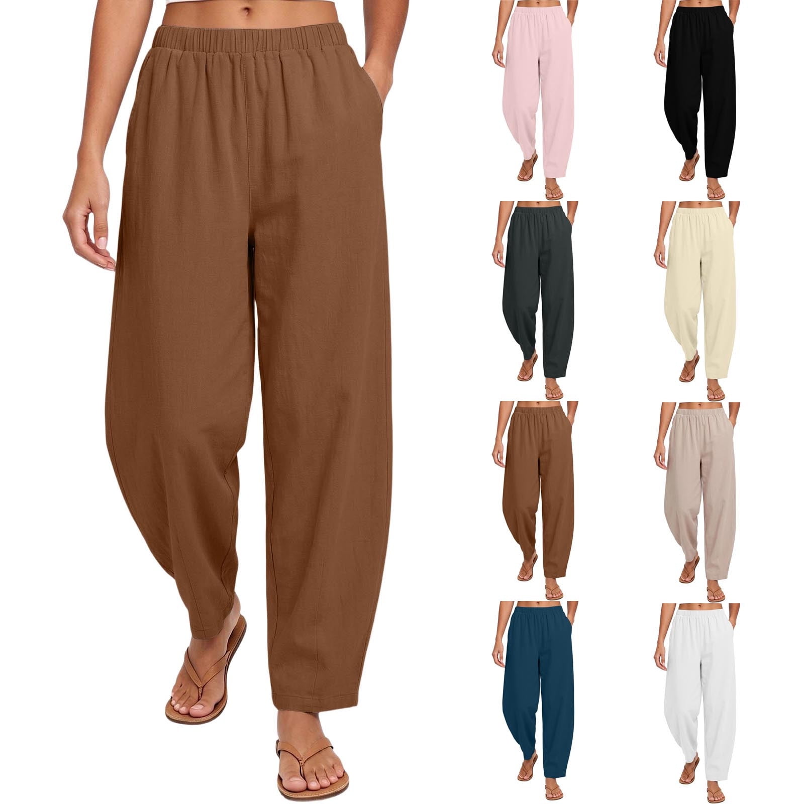 zejinsd Casual Pants for Women Lightweight Cotton Solid Color Trousers Elastic High Waist Long Pants Leisure Loose Tapered Pants with Pockets