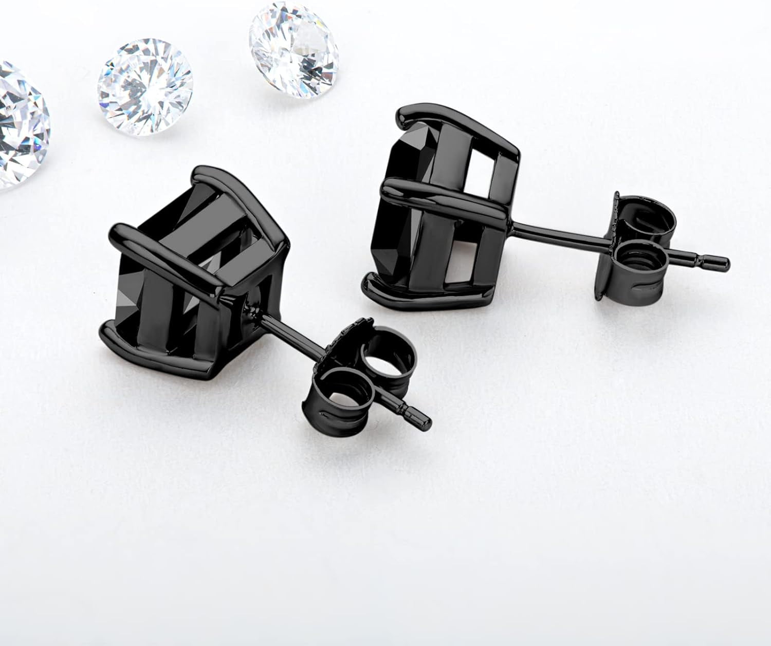 Leander 925 Sterling Silver Black Onyx Stud Earrings For Men Women, Hypoallergenic Mens Viking Rune Square Simulated Diamond CZ Studs Cushion/Round/Princess Cut Onyx Earrings Fine Jewelry