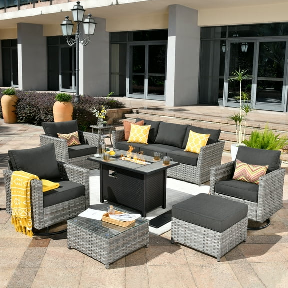 XIZZI Patio Furniture Sets 10 Pieces with Outdoor Wicker Swivel Rocking Chairs Coffee Table and Fire Pit,Black