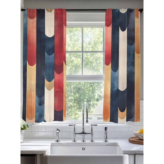 Minimalist Art Sheer Curtains 63 Inches Long 2 Panels Abstract Blue Red Brown Line Light Filtering Semi Sheer Window Curtains Drapes for Bedroom Living Room 52"x63"