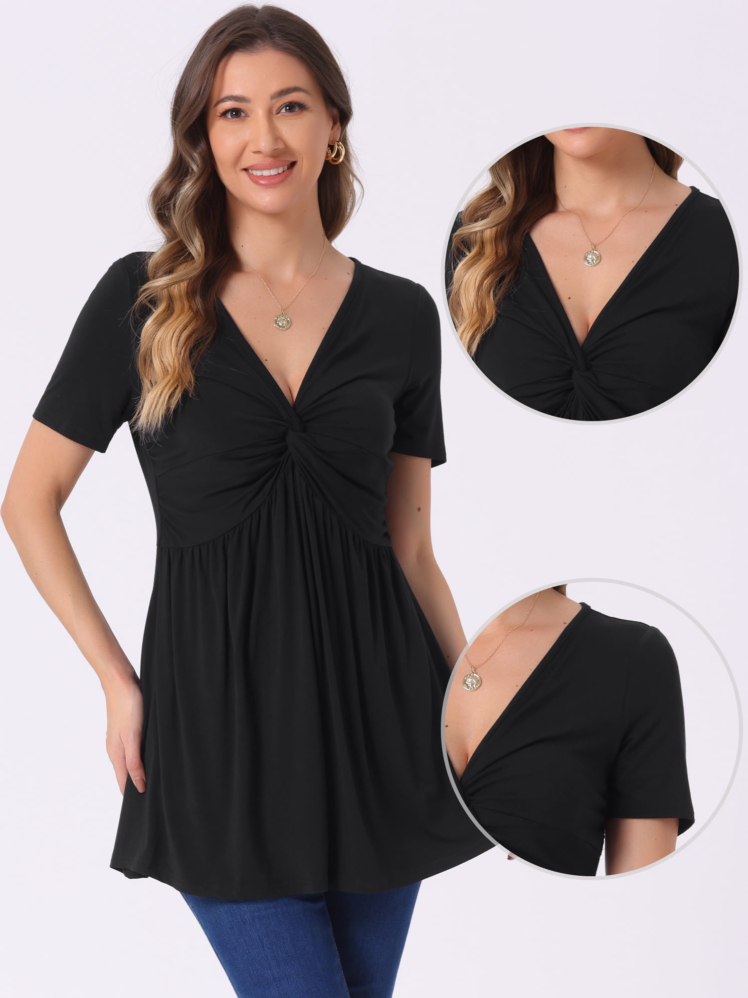 DARING DIVA Women's Knotted V Neck Blouse Summer Short Sleeve Tunic Tops Black XS