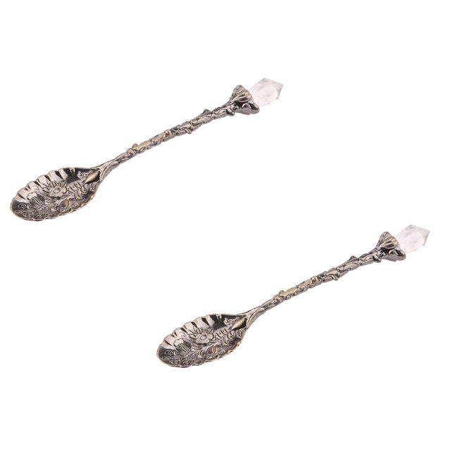 Oleegame 2PC Stainless Steel Cutlery Set Crystal Head Pattern Style Coffee Sugar Tea Dessert Spoon Fork Kitchen Tableware Brown