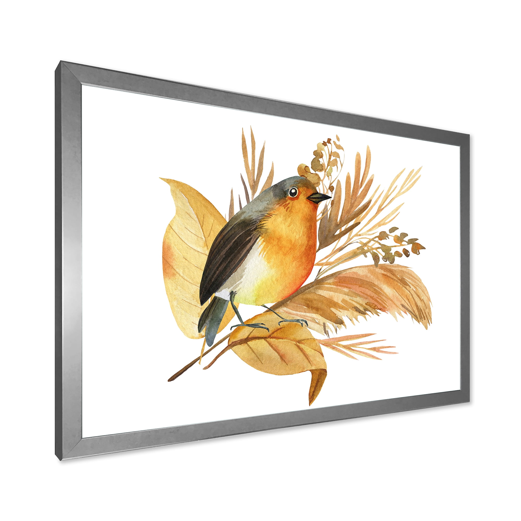 Designart 'Autumn Flowers and Robin Bird' Traditional Framed Art Print