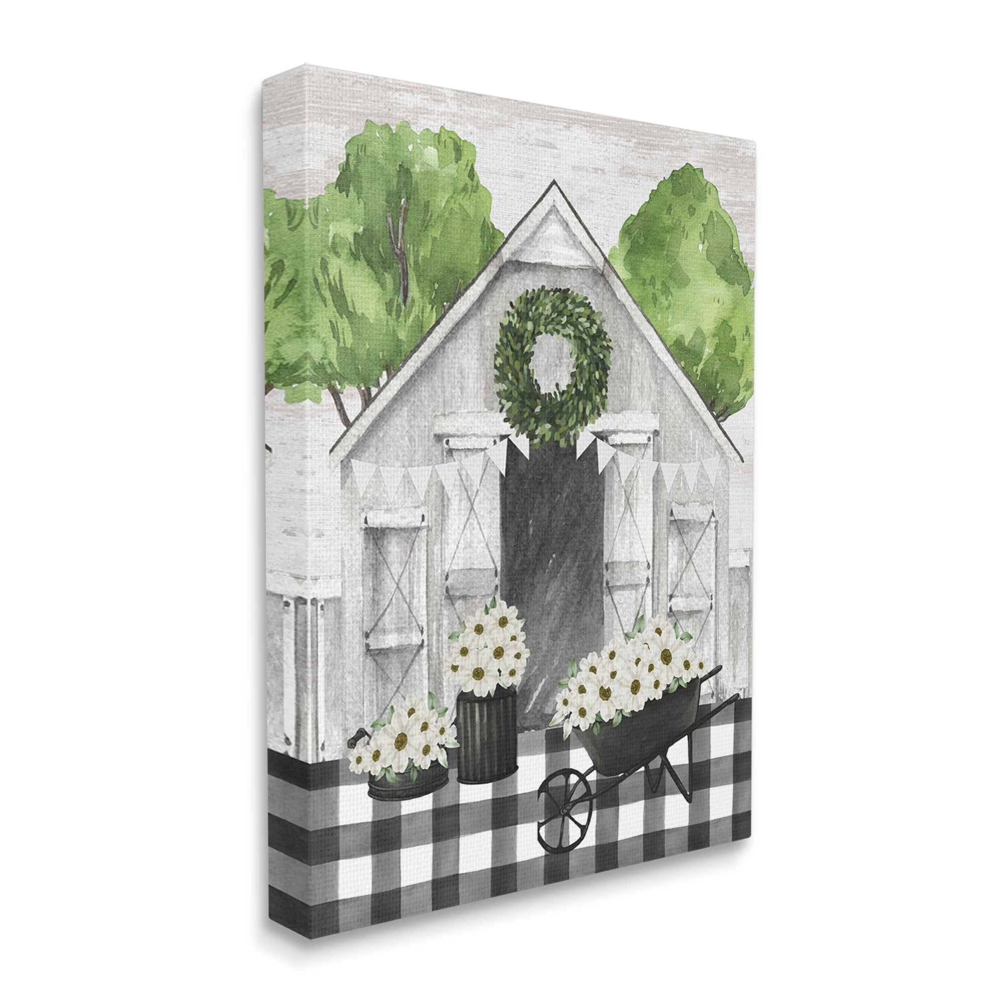 Stupell Industries Plaid Barn with Floral Wagon Botanical & Floral Painting Gallery Wrapped Canvas Art Print Wall Art, 24 x 30
