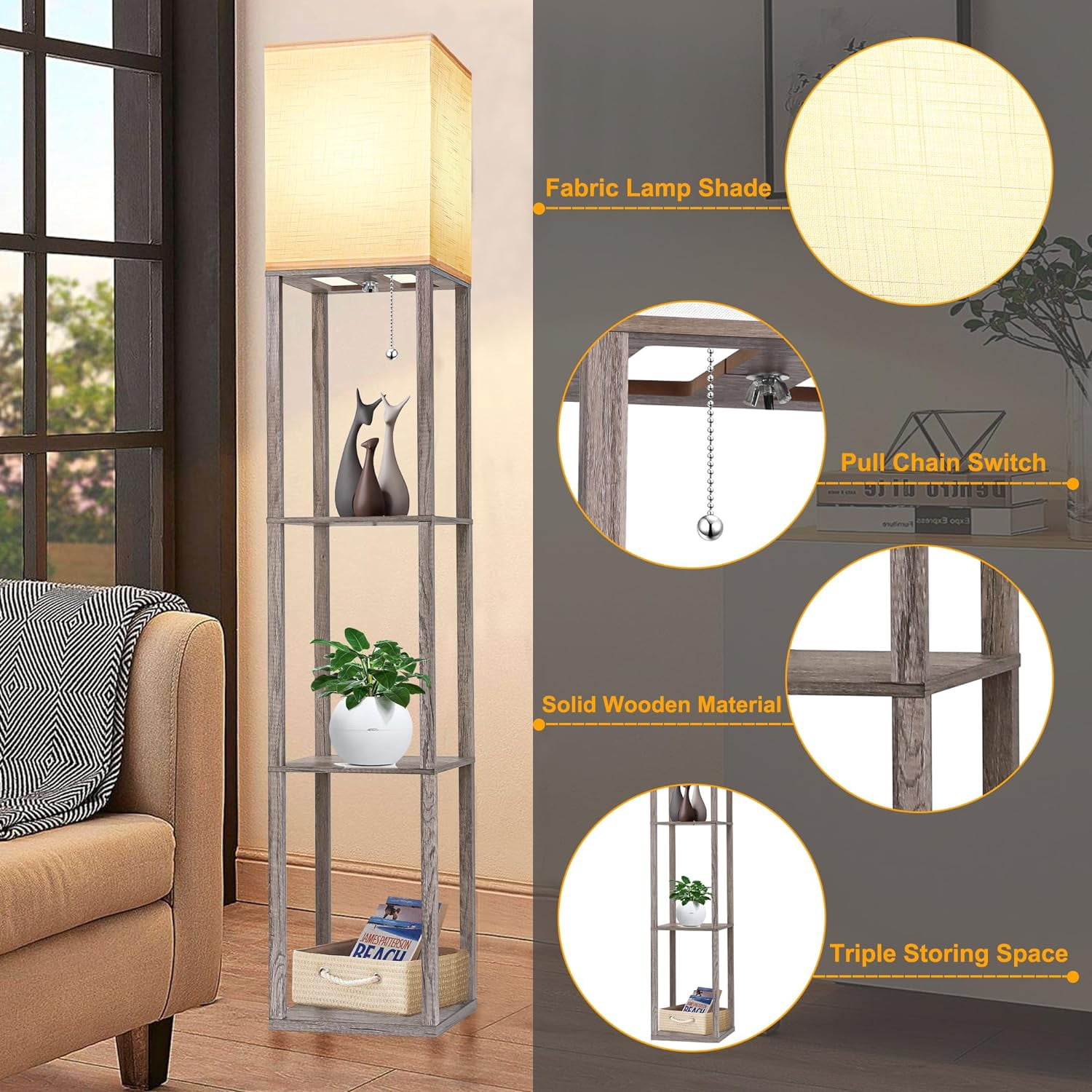 Floor Lamp with Shelves for Living Room, Shelf Floor Lamp with 3 CCT LED Bulb, Corner Display Standing Column Lamp Etagere Organizer Tower Nightstand with White Linen Shade for Bedroom Office