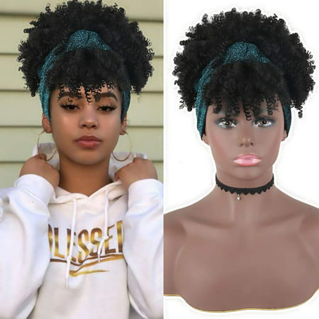 Afro High Puff Hair Bun Black Wig with Bangs Synthetic Short Kinkys Curly  Pineapple Pony Tail Clip in on Wrap Updo Hair Extensions for African  American Women Natural Black Hair(2##) | Walmart