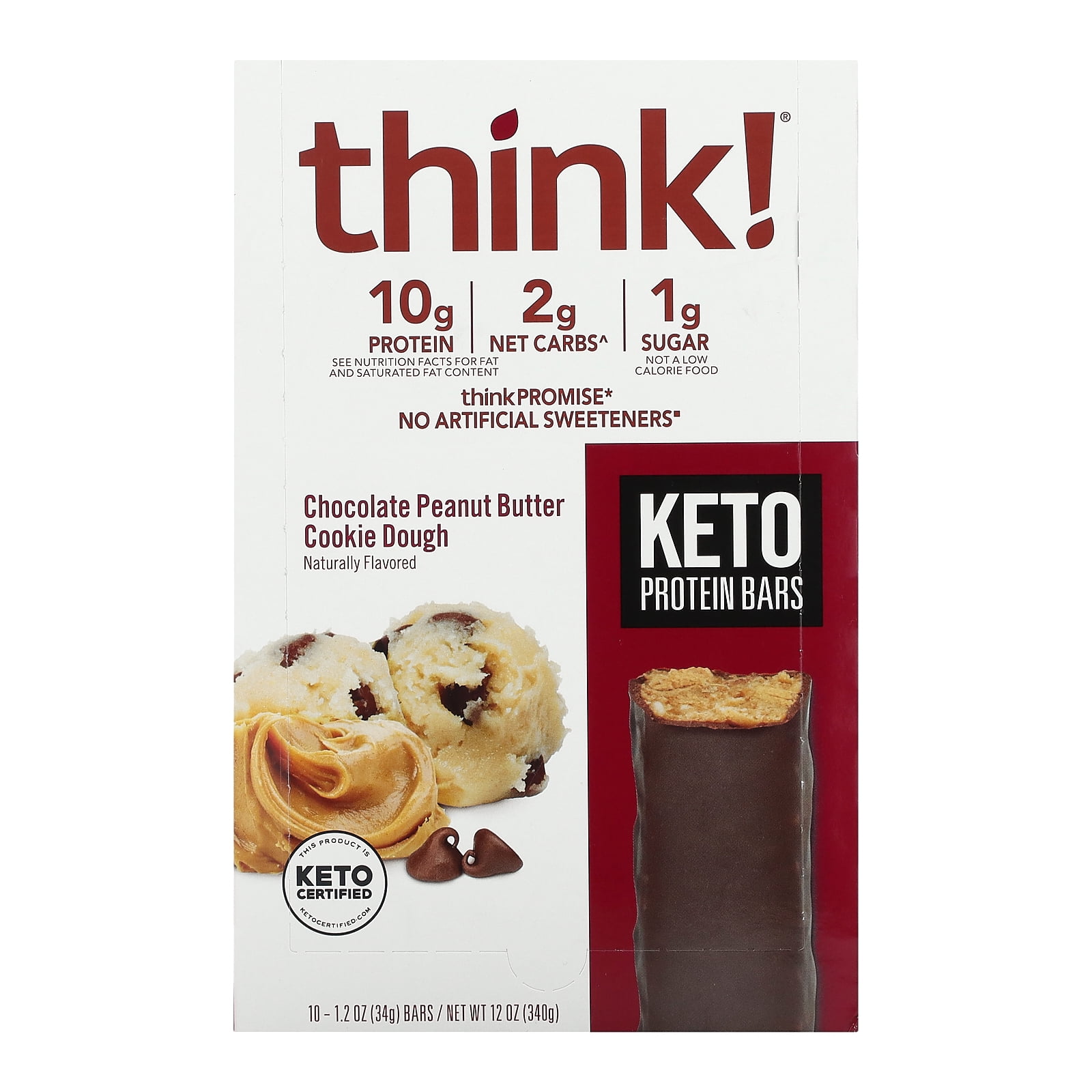 Keto Protein Bars, Chocolate Peanut Butter Cookie Dough, 10 Bars, 1.2 oz (34 g) Each, Think !