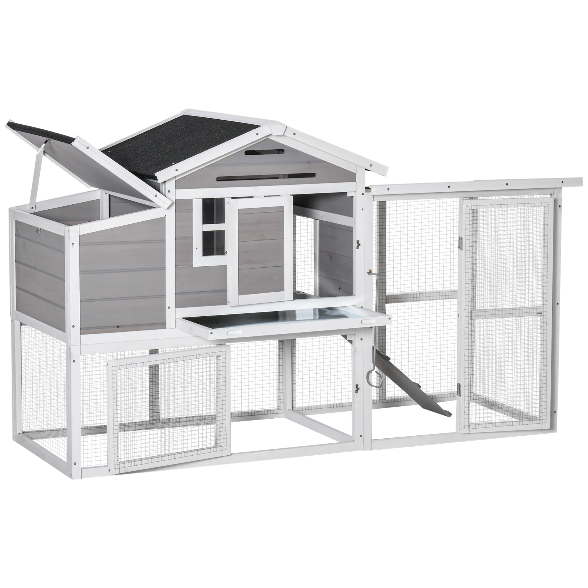 PawHut 63” Wooden Indoor Outdoor Covered Chicken Coop with Run Grey and White 