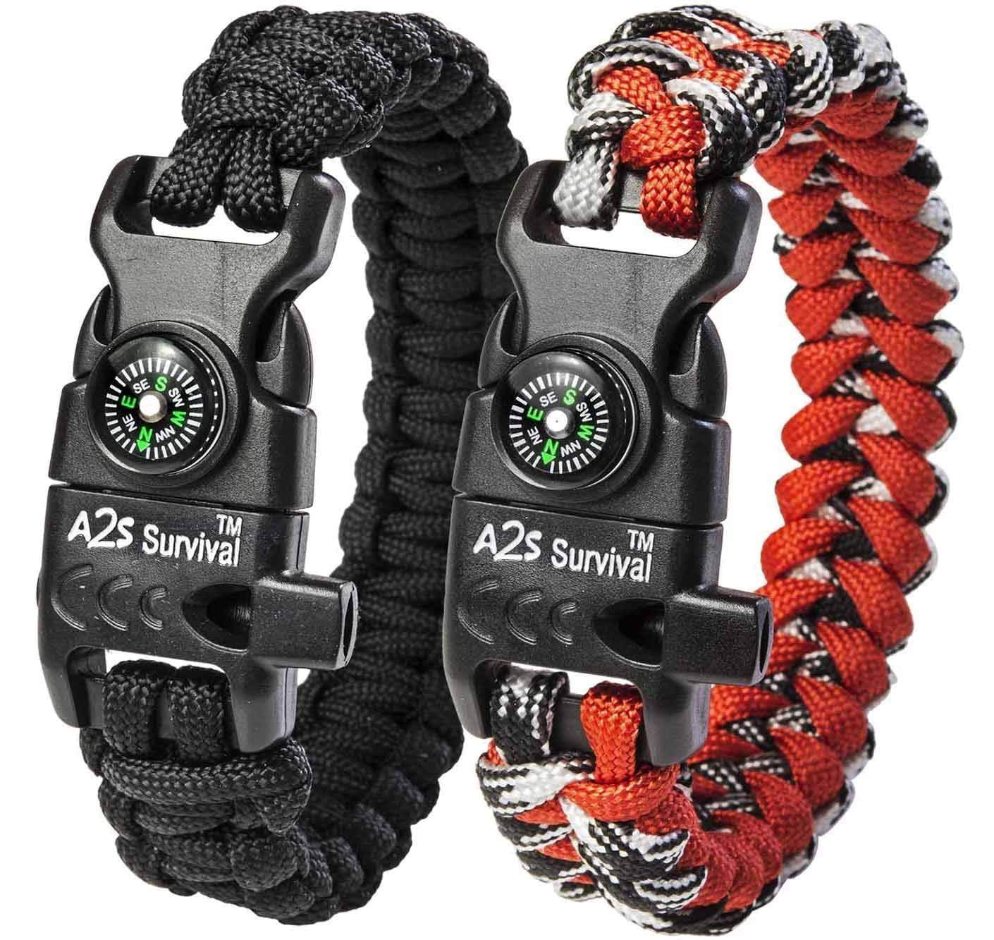 A2S Protection Paracord Bracelet K2-Peak - Survival Gear Kit Embedded  Compass, Fire Starter, Emergency Knife & Whistle (Black/Red 8) 
