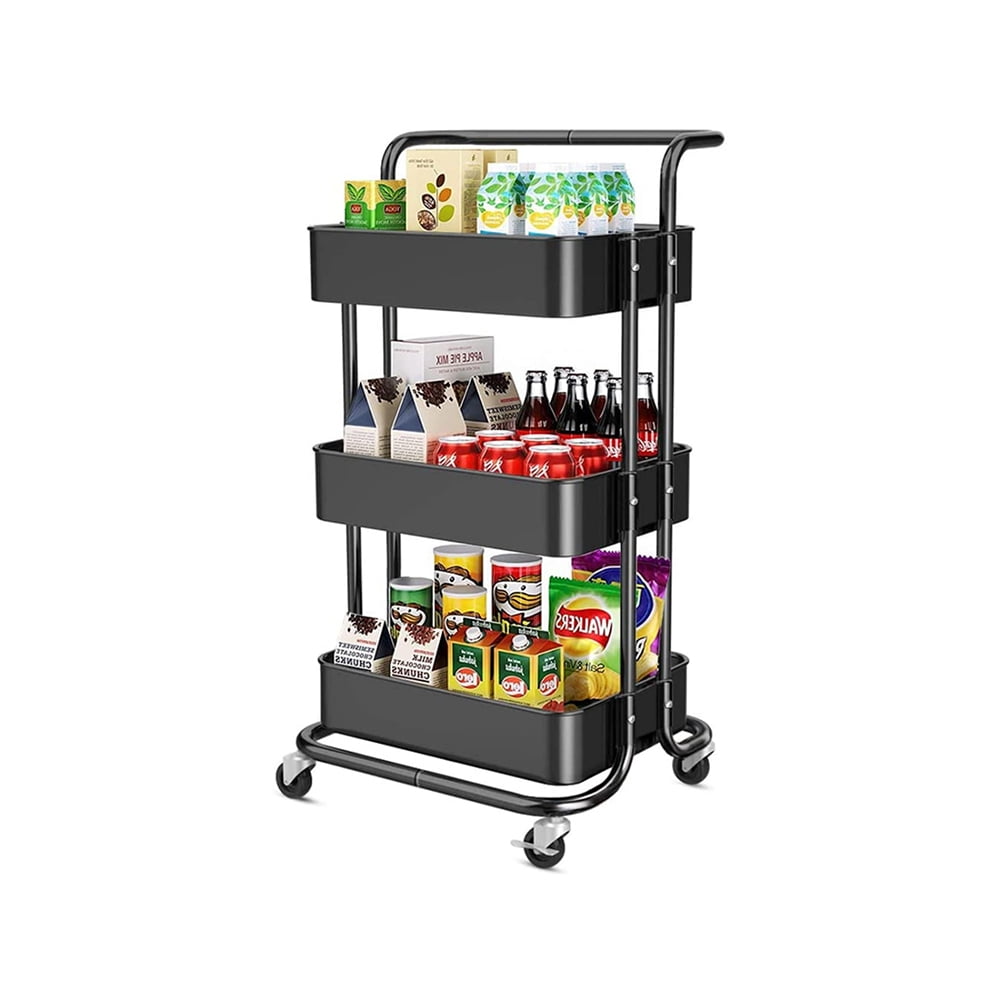 Kadyn 3 Tier Utility Carts with Lockable Wheels, Metal Rolling Cart with Handle, Storage Organizer Trolley Cart for Bathroom, Black Kadyn 3 Tier Utility Carts with Lockable Wheels, Metal Rolling Cart with Handle, Storage Organizer Trolley Cart for Bathroom, Black