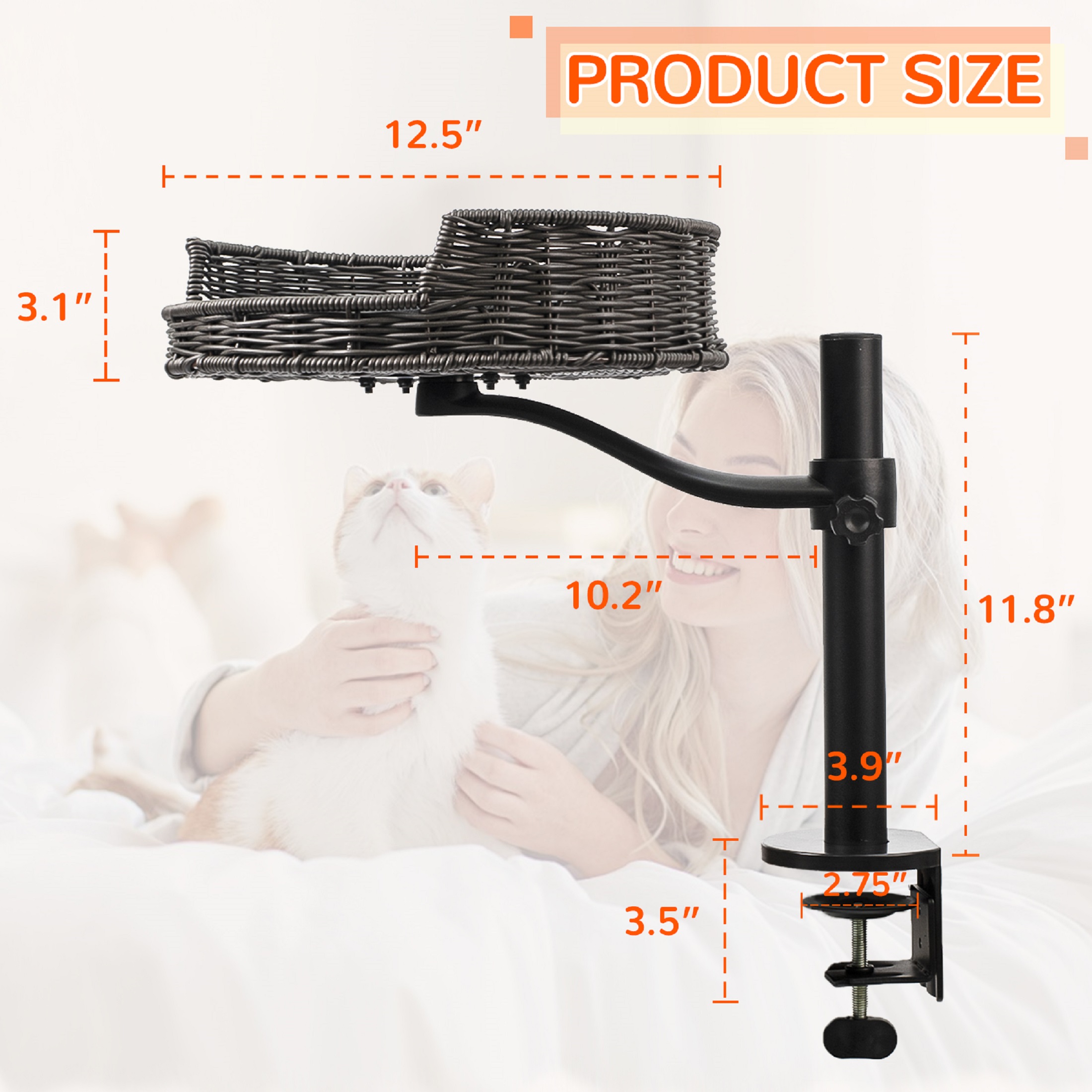 Cat Desk Bed - Kitten Desk Bed with 360° Rotating & Adjustable Height, Elevated Cat Nest Perch for Desk