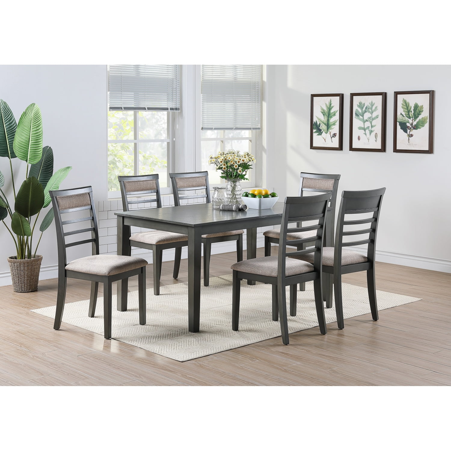 Antique Grey Finish 7pc Set Kitchen Breakfast Dining Table w