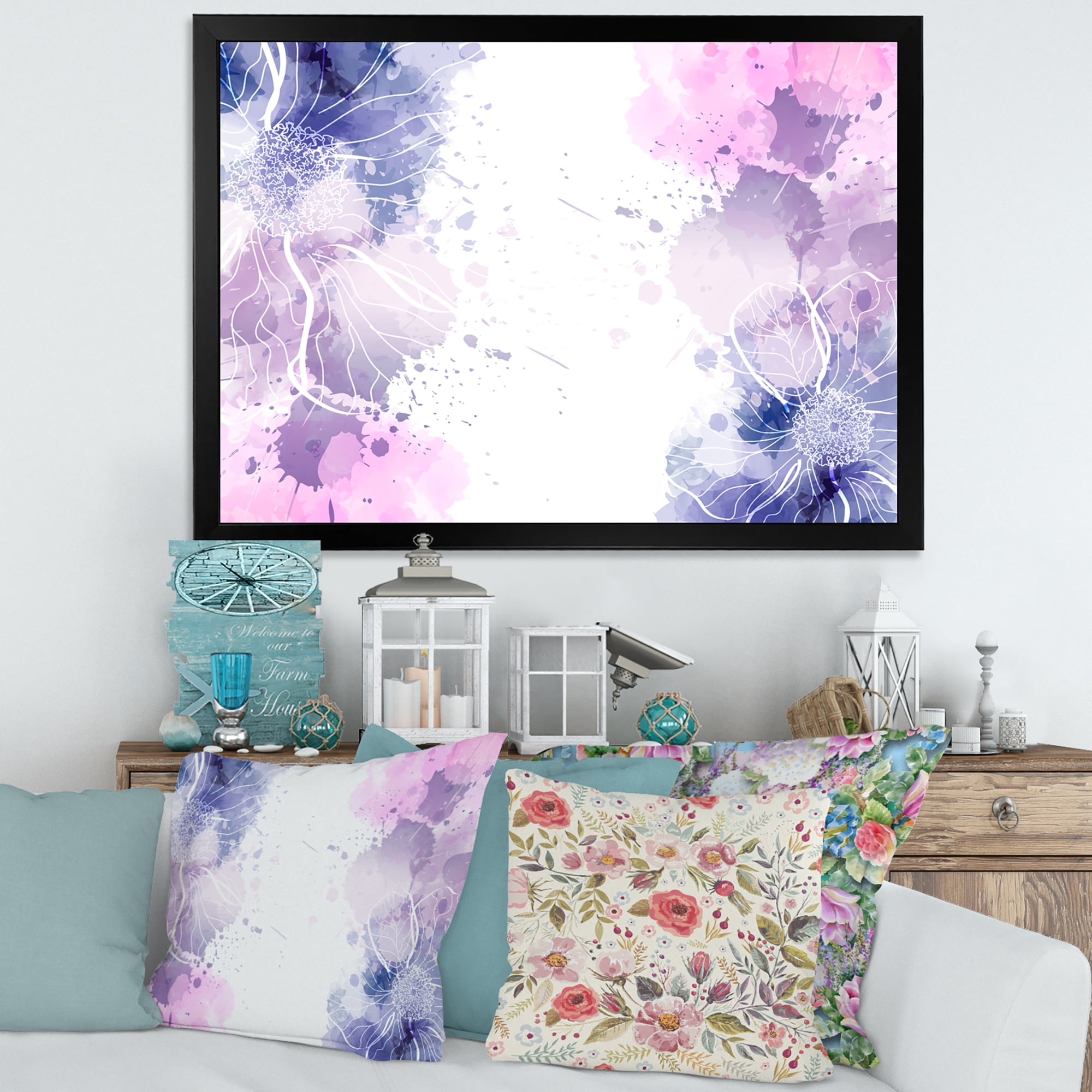 Designart 'Pink and Purple Abstract With Colorful Splashes I' Modern Framed Art Print