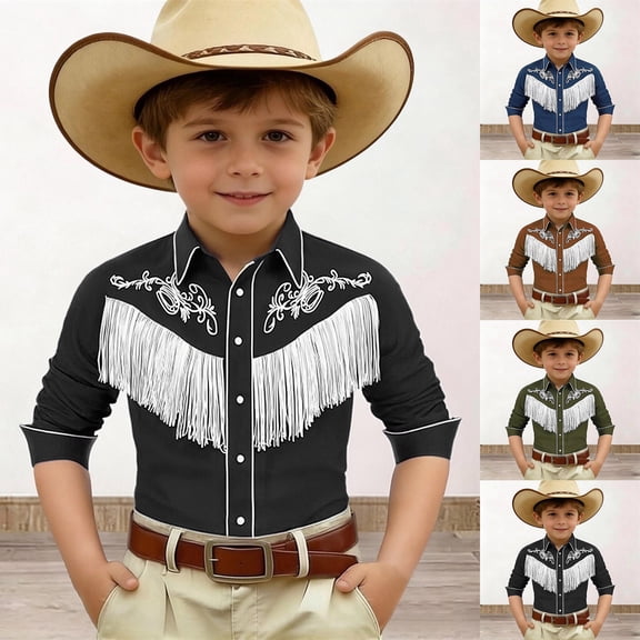 MUXiin Western Boys' Button-Down Shirts Short Sleeve, Pearl Snap Shirt with Fringe