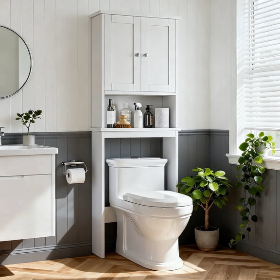 Dalattin Over The Toilet Storage Cabinet, Bathroom Cabinet Organizer with Shelves & 2 Doors, Whtie