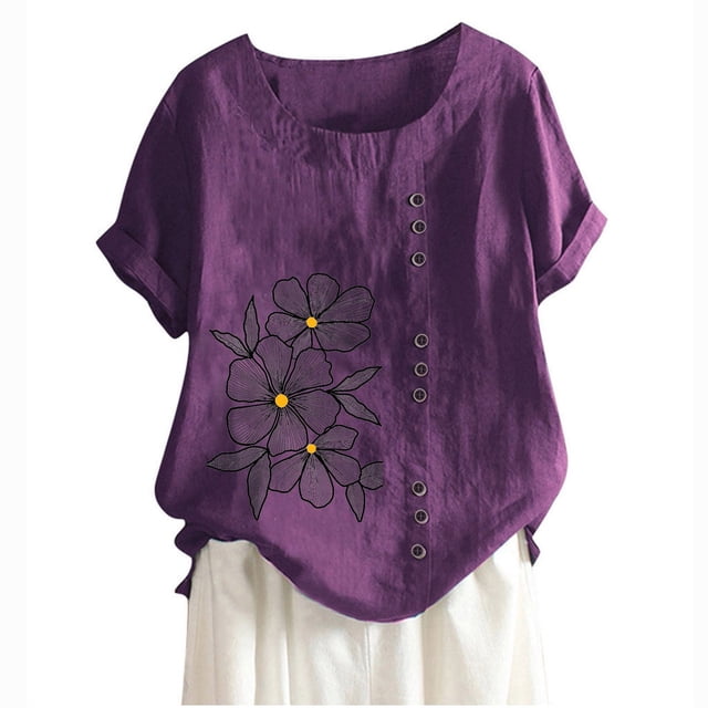 Blouses pour Femmes, T-Shirt à Manches Courtes et Col Rond d'Été pour Femmes, Mode Décontractée Imprimée avec Boutons