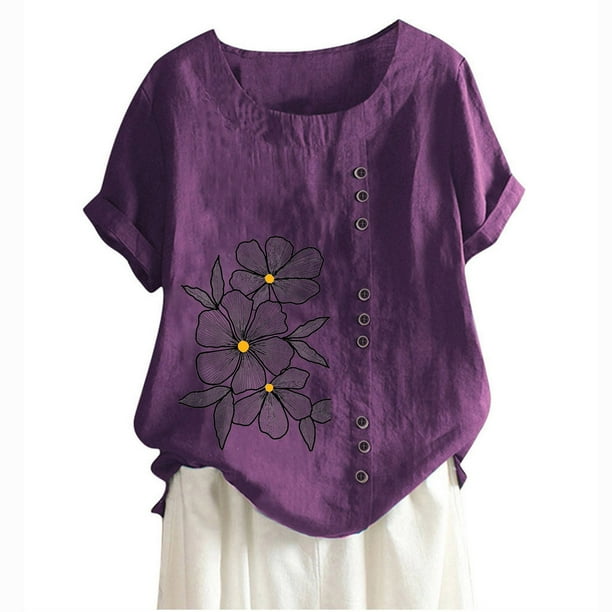 Camiseta Casual de Manga Corta con Botón de Cuello Redondo de las Mujeres, Tops Cortos para las Mujeres