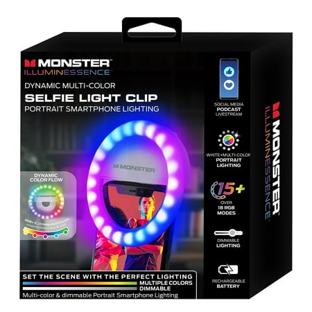 UPC: 0805106895150 | Monster Selfie Light Clip  For Smartphones/Laptops/Tablets  15 Color Modes  Rechargeable