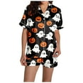thumbnail image 5 of Xmyrz Pajama Sets For Women 2 Piece Outfits Silk Satin Short Sleeve Button Up Pumpkin Ghost Print Shorts Set Casual Halloween Sleepwear Pj Clothes Sets, 5 of 7