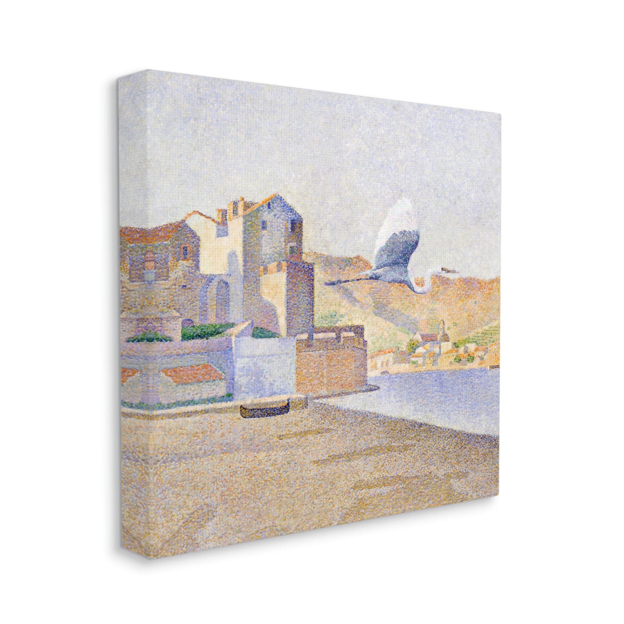 Stupell Industries Flying Crane Bird European Coastal Seaport Pointillism Painting, 30 x 30, Design by Steve Hunziker
