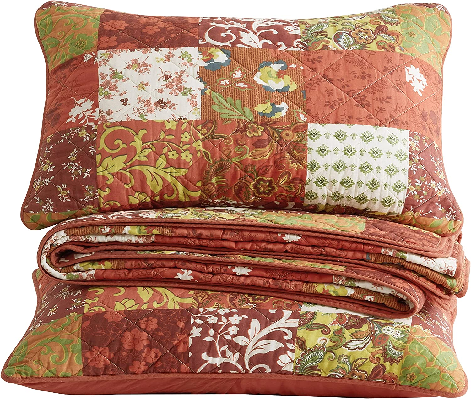 Chezmoi Collection Leilani 3-Piece Boho Washed Cotton Quilt Set Queen Size - Bohemian Quilted Bedding Orange Green White Floral Printed Patchwork Lightweight Bedspread Set for All Season