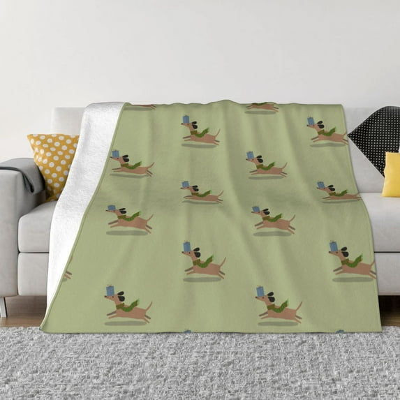 XMXT Throw Blanket, Christmas Dachshund Illustration Machine Washable Blankets for Sofa, 60 x 50 inches Green
