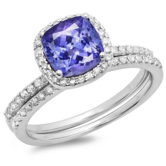 10K Gold Cushion Cut Tanzanite & Round Cut White Diamond Ladies Bridal Halo Engagement Ring Set