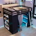 thumbnail image 3 of Full Size Wood Loft Bed with Workstation, Gaming Loft Bed with Desk, Wardrobe, Shelves, Blackout Curtains & RGB Lights – Space-Saving Multifunctional Furniture for Dorm, or Apartment, Black+Blue, 3 of 9