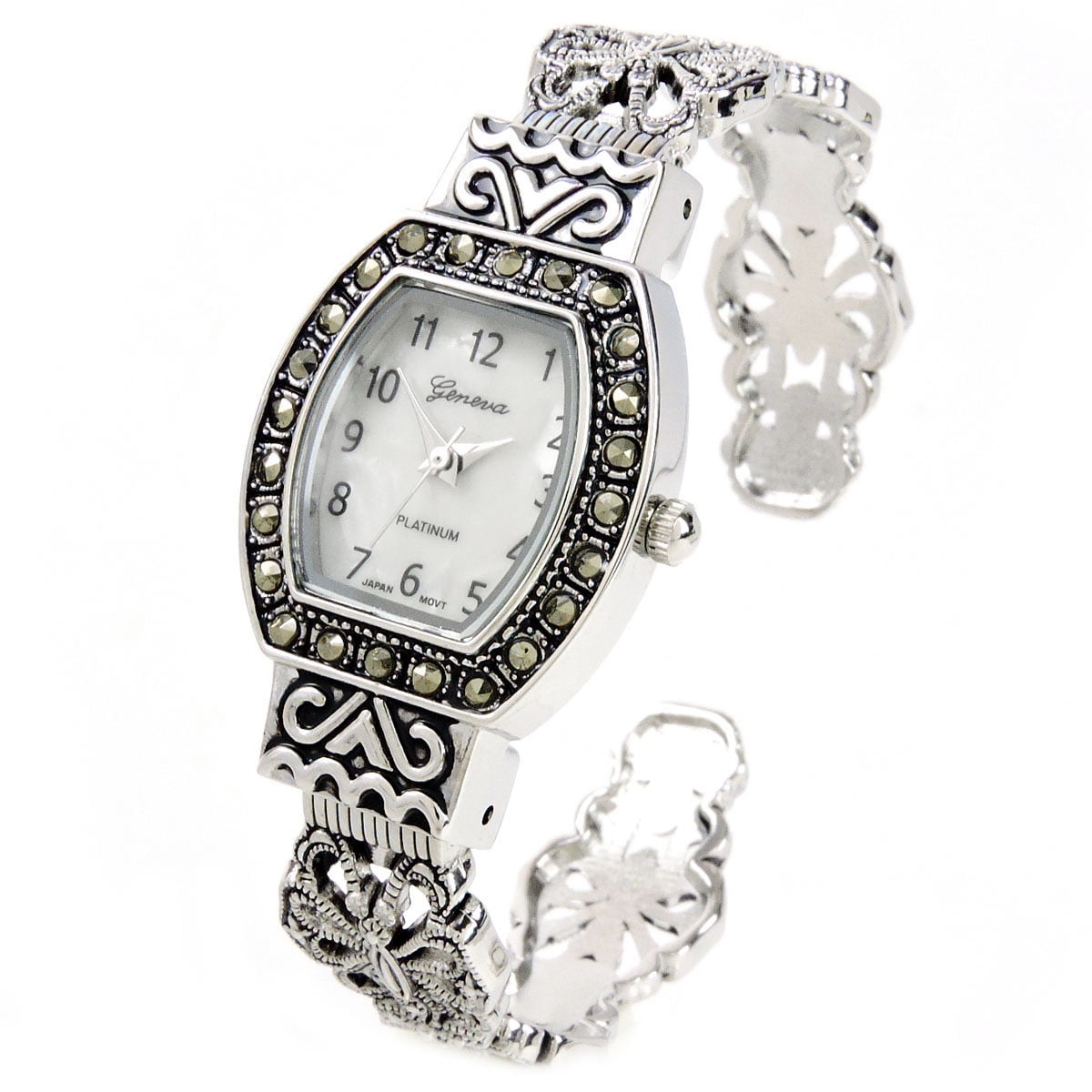 Silver Black Vintage Style Marcasite Rectangle Face Bangle Cuff Watch