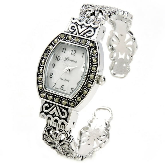 Silver Black Vintage Style Marcasite Rectangle Face Bangle Cuff Watch for Women