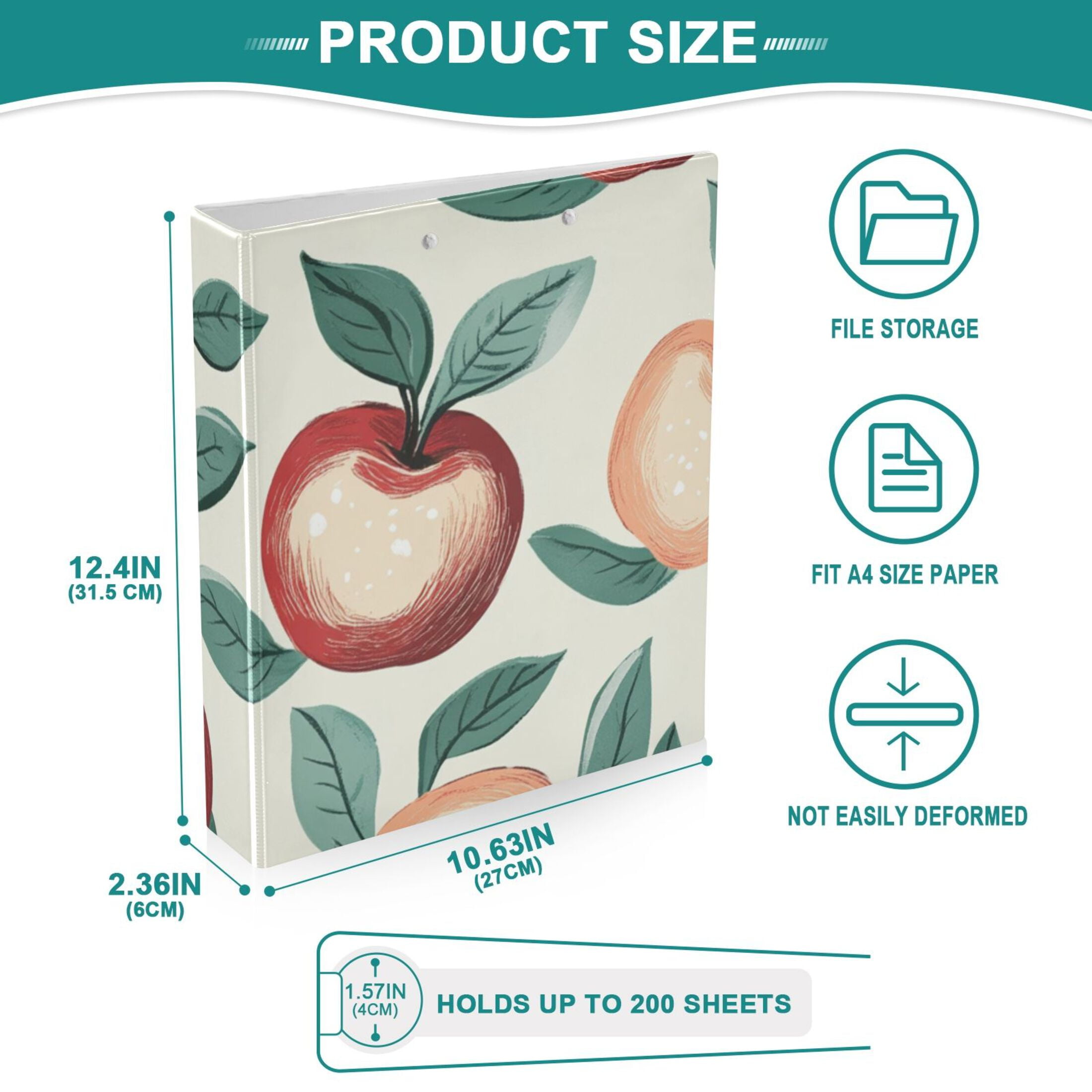 Red Yellow Apples 3 Ring Binders 1.5 inch Hardcover File Folders with Interior Pockets A4 Size Organizer for School Office Hospital