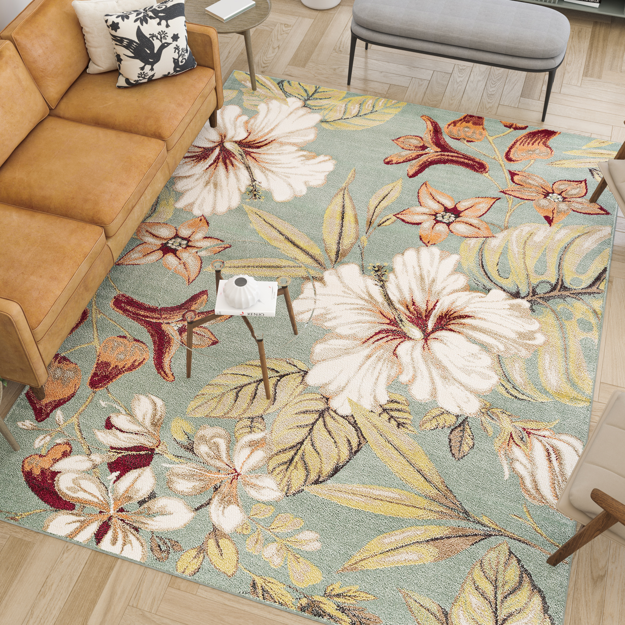Transitional 8x10 Area Rug (7'10'' x 10'3'') Floral Seafoam, Creamy Ivory Living Room Easy to Clean