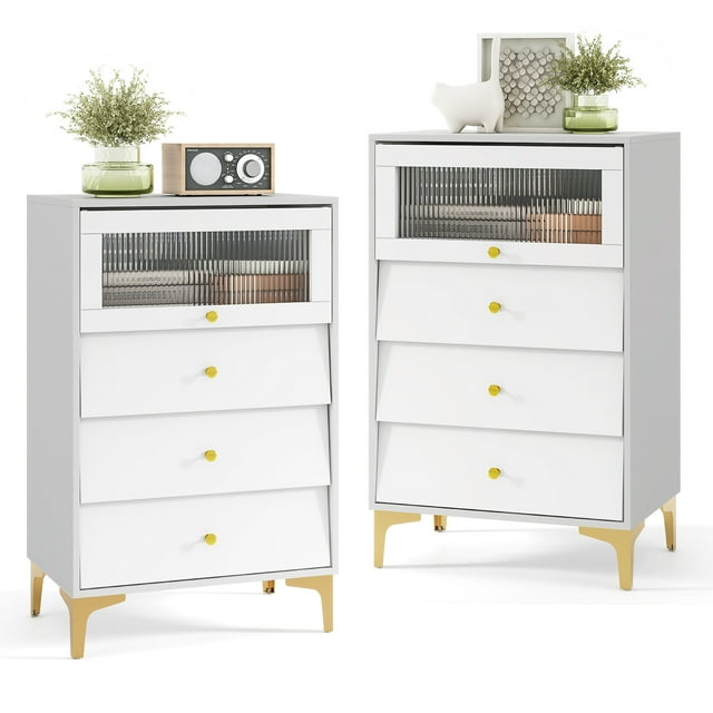 Gymax Commode 2 Pcs à 3 Tiroirs, Commode Haute de 37,5 Po avec Porte en Verre Cannelé Rabattable
