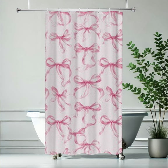 RKSupls Christmas Shower Curtain, Pink Bow Sign Curtain with Hooks for Home Bathroom Decor Washable Curtains, 36x72 in