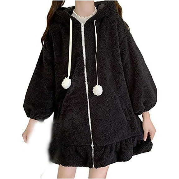 IROINNID Women's Hooded Jacket Shearling Jacket Solid Color Long Sleeve Comfy Loose Cute Autumn Coat , Black