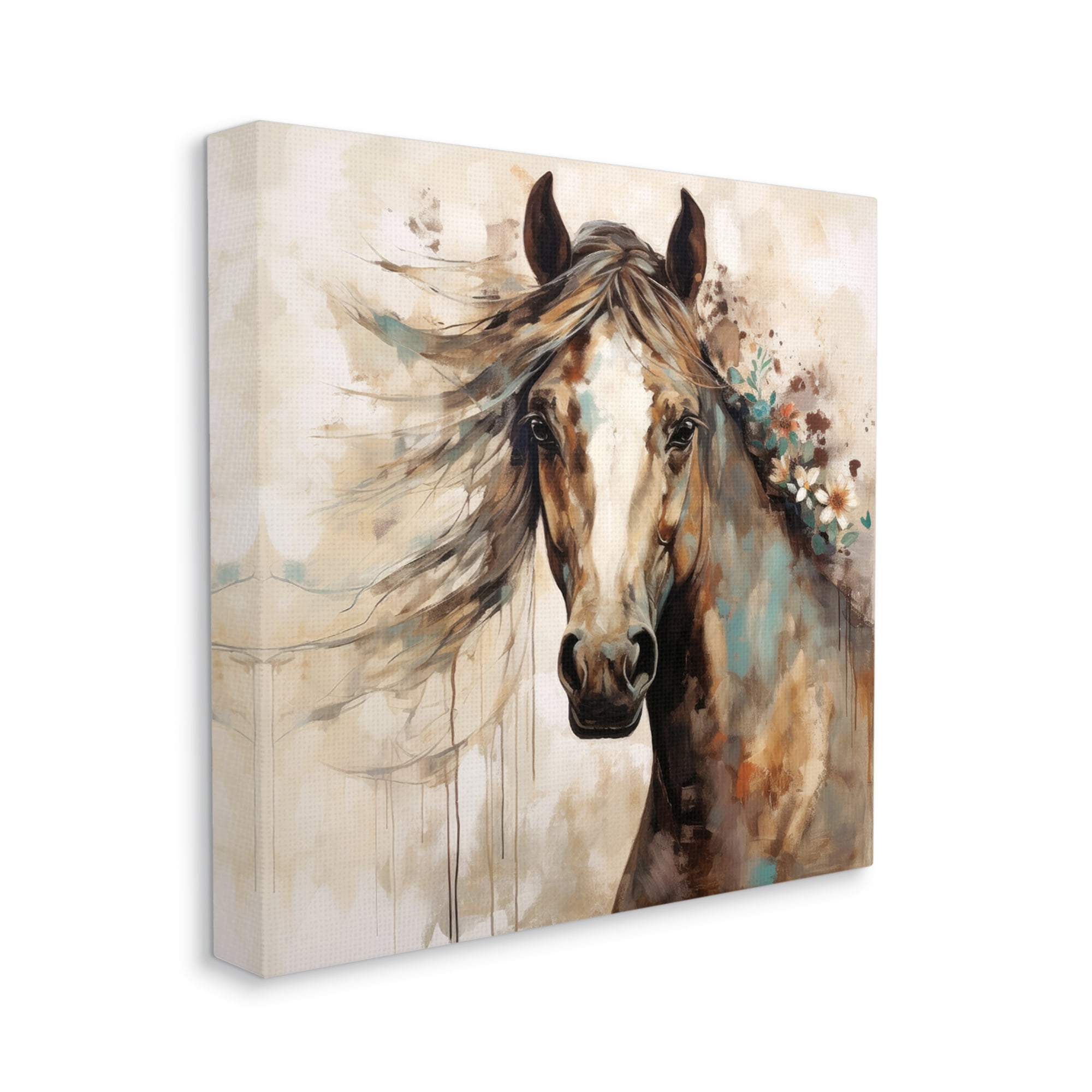 Stupell Industries Brown Horse with Florals Animals & Insects Painting Gallery Wrapped Canvas Art Print Wall Art, 17 x 17