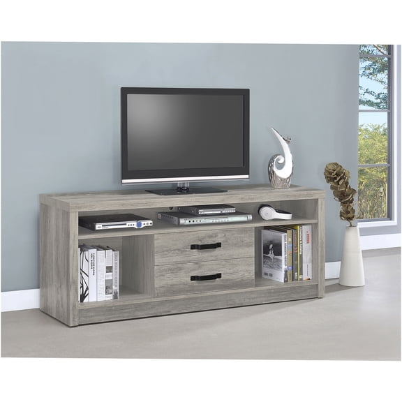JERFIT 59" Rustic Grey Driftwood TV Stand with 2 Drawers, MDF Wood Entertainment Center for Living Room