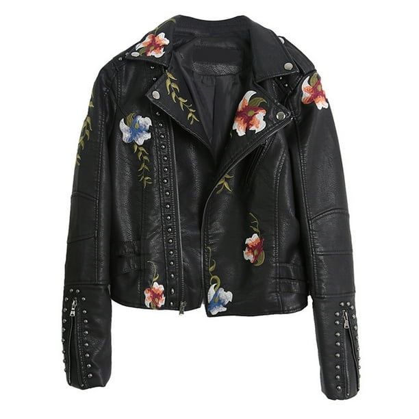 Floral Night Leather Jacket Women's Faux Leather Jackets Casual
