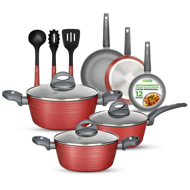 NUTRICHEF Bateria de Cocina Antiadherente de 12 Piezas Juego de Sartenes y Ollas Rojo. Duradero, Dis