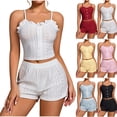 thumbnail image 2 of QINGFSAP Womens Pointelle Lounge Set Button Front Crop Cami and Elastic Shorts Sleepwear, 2 of 5